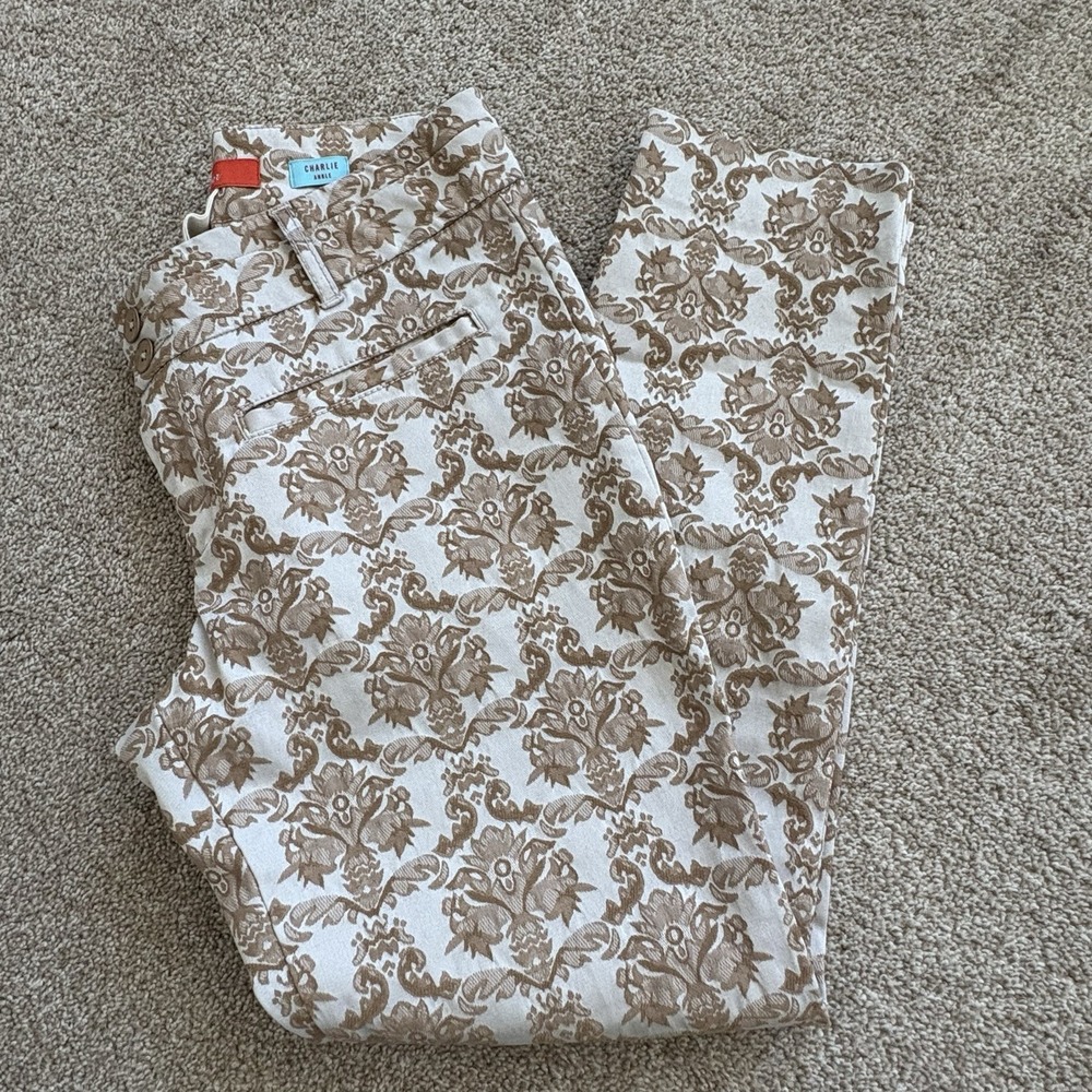 Cartonnier Charlie Ankle Anthropologie Pants Womens 4 Beige Brown Damask Pattern